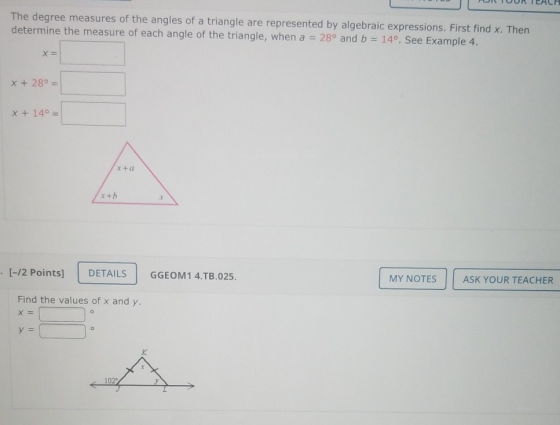 The degree measures of the angles of a triangle are represented by algebraic expressions. First find x. Then determine the me