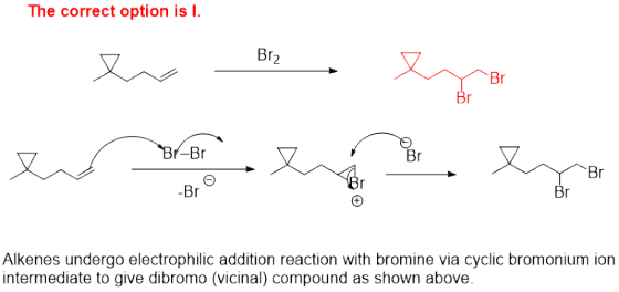 The correct option is I. Er B. Eyor este Alkenes undergo electrophilic addition reaction with bromine via cyclic bromonium io