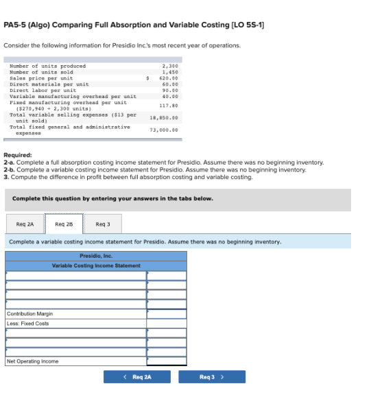 PA5-5 (Algo) Comparing Full Absorption and Variable Costing [LO 55-1] Consider the following information for Presidio Inc.s