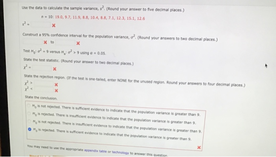 Use the data to calculate the sample variance, s. (Round your answer to five decimal places.) n = 10: 19.0, 9.7, 11.9, 8.8, 1