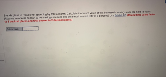 Brenda plans to reduce her spending by $90 a month. Calculate the future value of this increase in savings over the next 18 y