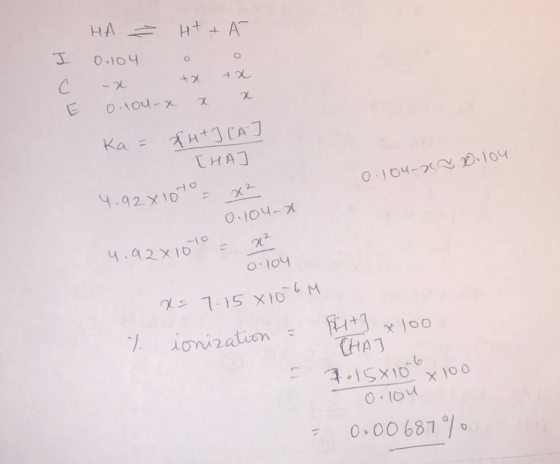 I C НА — 0.104 -x E o. lourd Нt + AT 0 0 tx tx x x Ka = XH+] [A] [HA] 4.928107 = x² 0.10u-r ~ 0.104 o oux 4.92x1070 = x² 0.10