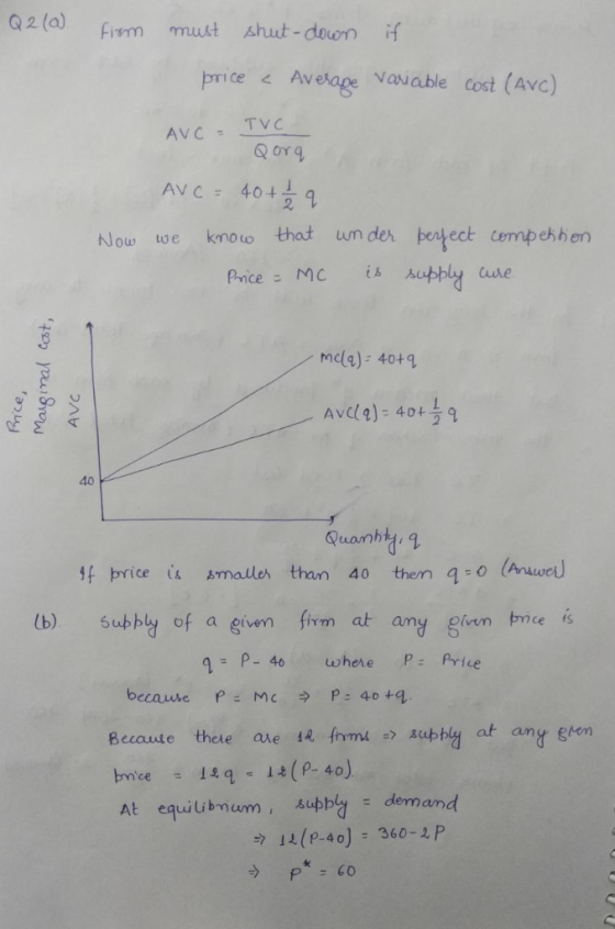 Q2 (a)Fim must shuut-doon f price Avelage Nauable AVC TV org Nlou uoe knouo thodt un der bertect cempehben PniceMC i Cure mc(%) : 40+4 Avcle)- 40149 40 Quanht 4f price smaules than 40 thena-O (Annod lb) subbly of a gim frm at any gien bme s of a oivern firm at am =P-46 whene P: Price At equiubnum, Aubb demand 1 (P-40) 360-2 F P co