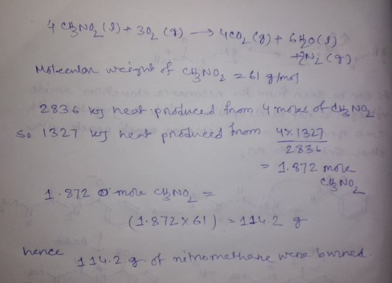 4 CHNO (1) 30 (8) 4co, (g) + Gho(a) +7N269) Molecular weight of CH NO₂ z 61 g/mos simon 2836 og heat produced from 4 mores of
