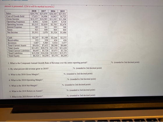 answer is presented.1234 it will be marked incorrect.) 2018 2017 2016 2015 Sales Cost of Goods Sold Gross Income Operating Ex