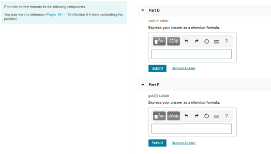 Enter the correct formula for the following compounds. Part D You may want to reference (Pages 181 - 184) Section 6.4 while c