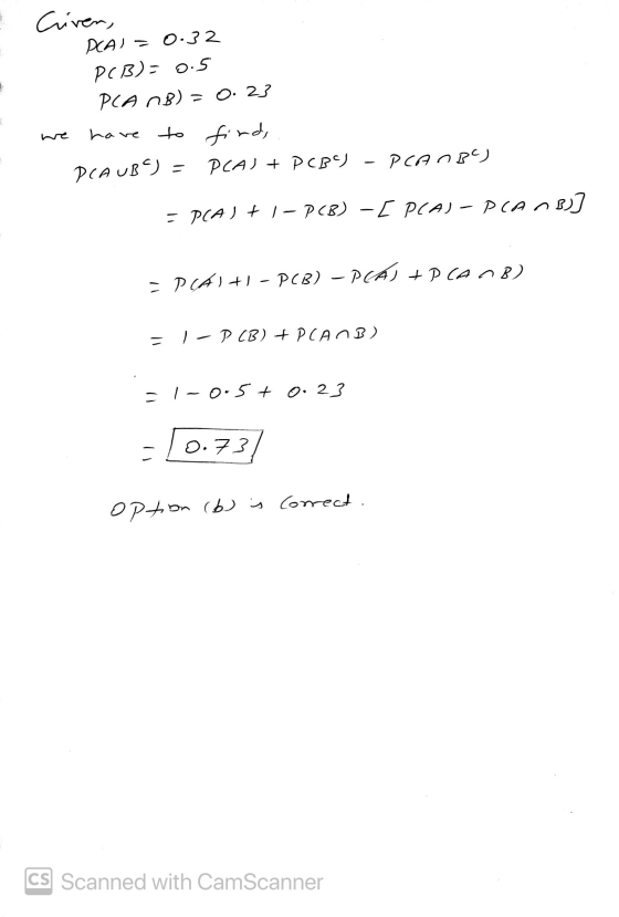 Criven, DCA) = 0.32 PCB)= 0.5 PCA NB) = 0.23 we have to find, PCAUBT = PCA) + PCB) - PCAOBC) - P(A) + 1-PCB) -[ PCA) – PCAMB]