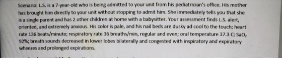 Scenario: L.S. is a 7-year-old who is being admitted to your unit from his pediatricians office. His mother has brought him