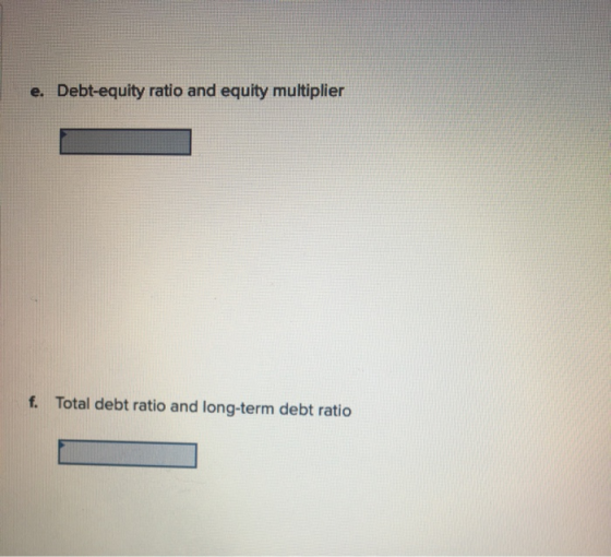 e. Debt-equity ratio and equity multiplier f. Total debt ratio and long-term debt ratio