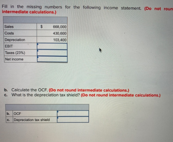 Fill in the missing numbers for the following income statement. (Do not roun intermediate calculations.) 668,000 430,600 103,