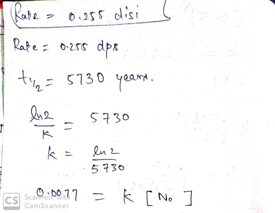 1 Rake a 0.255 disi Rate : 0255 dpa I tila = 5730 years. line - 5730 1 k cs sco@:00.77 = K [ No ] - luz 5730 CamScanner