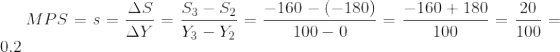 MPS=s=\frac{\Delta S}{\Delta Y}=\frac{S_{3}-S_{2}}{Y_{3}-Y_{2}}=\frac{-160-\left ( -180 \right )}{100-0}=\frac{-160+180}{100}=\frac{20}{100}=0.2
