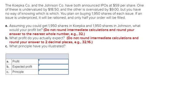 The Koepka Co. and the Johnson Co. have both announced IPOs at $59 per share. One of these is undervalued by $18.50, and the
