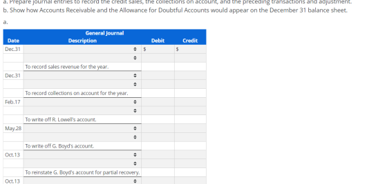 a. Prepare journal entries to record the credit sales, the collections on account, and the preceding transactions and adjustm