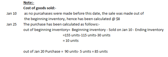 Jan 10 Jan 25 Note: Cost of goods sold: as no purcahases were made before this date, the sale was made out of the beginning i