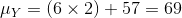 mu _{Y}=(6 imes 2)+57=69