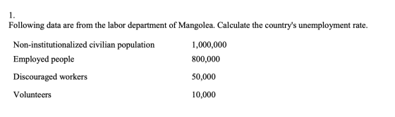 1. Following data are from the labor department of Mangolea. Calculate the countrys unemployment rate. Non-institutionalized