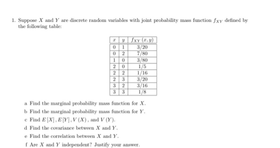 1. Suppose X and Y are discrete random variables with joint probability mass function fxy defined by the following table: 3 y