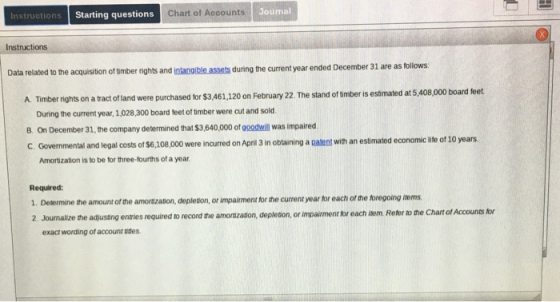 Instructions Starting questions Chart of Accounts Journal Instructions Data related to the acquisition of timber rights and i