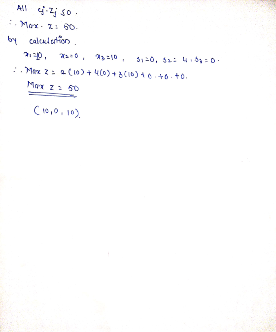All cj-; so :. Max. 2 : 50. by calculation , 21770, 22=0, 23=10, 3120, 52= 4153=0. :. Max z = 2(10) + 460) +3(10) +0. +0.+0.