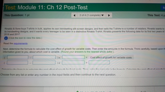 Test: Module 11: Ch 12 Post-Test This Question: 1 pt 2 of 4 (1 complete) This - This Test: 4p Rinaldo & Sons buys T-shirts in