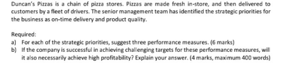 Duncans Pizzas is a chain of pizza stores. Pizzas are made fresh in-store, and then delivered to customers by a fleet of dri