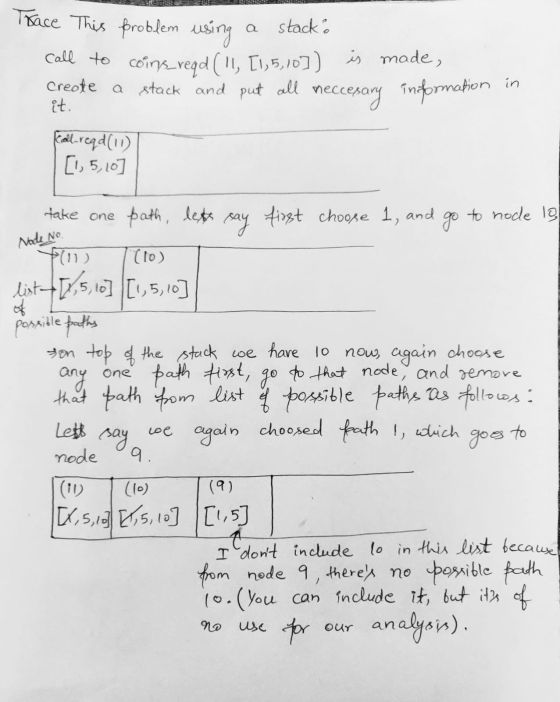 Trace This problem using a stack: call to coins_read(11, [1,5,10]) is made, Create a stack and put all neccesary information