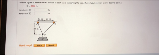 Use the figure to determine the tension in each cable supporting the load. (Round your answers to one decimal point.) W = 500