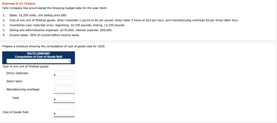 Exercise 9-13 (Video) Fultz Company has accumulated the following budget data for the year 2020 Sales: 31,330 units, unit sel