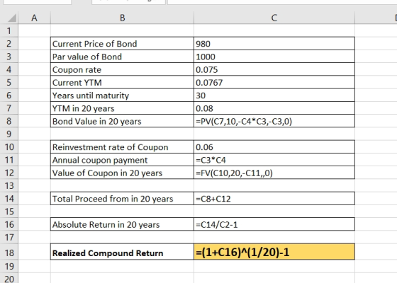 980 Current Price of Bond Par value of Bond Coupon rate Current YTM Years until maturity YTM in 20 years Bond Value in 20 yea