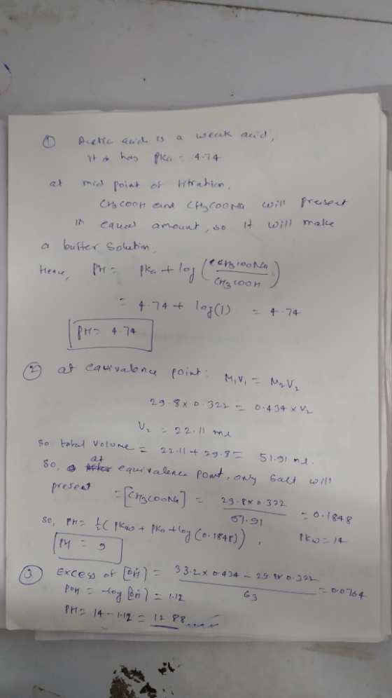 O Acetic acich is a weak acid, itd has pka - 4.74 at mid point of ritration, - Cry cool and Chacoona will present in cand amo