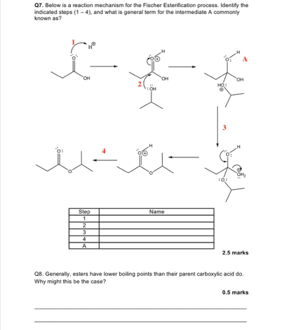 Q7. Below is a reaction mechanism for the Fischer Esterification process. Identify the indicated steps (1 - 4), and what is g