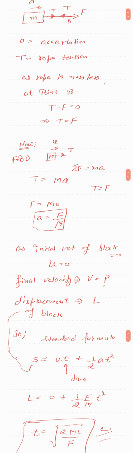 m a = To acceslation rope tension as at rope is mass less Point B T-F=0 2) T=F . Now; a FB2. 17o. - EF=ma T= ma - T= F ... E