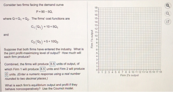Consider two firms facing the demand curve P-90-5Q, 17 where Q Q1+Q2. The firms cost functions are C(Q1) 10+501 and C2 (Q2) 5 + 10Q2 Suppose that both firms have entered the industry. What is the joint profit-maximizing level of output? How much will each firm produce? Combined, the firms will produce 8.5 units of output, of which Firm 1 will produce 8.5 units and Firm 2 will produce 8 9 10 11 12 13 14 15 16 17 18 Firm 2s output 0 1 2 3 4 0 units. (Enter a numeric response using a real number rounded to two decimal places.) What is each firms equilibrium output and profit if they behave noncooperatively? Use the Cournot model