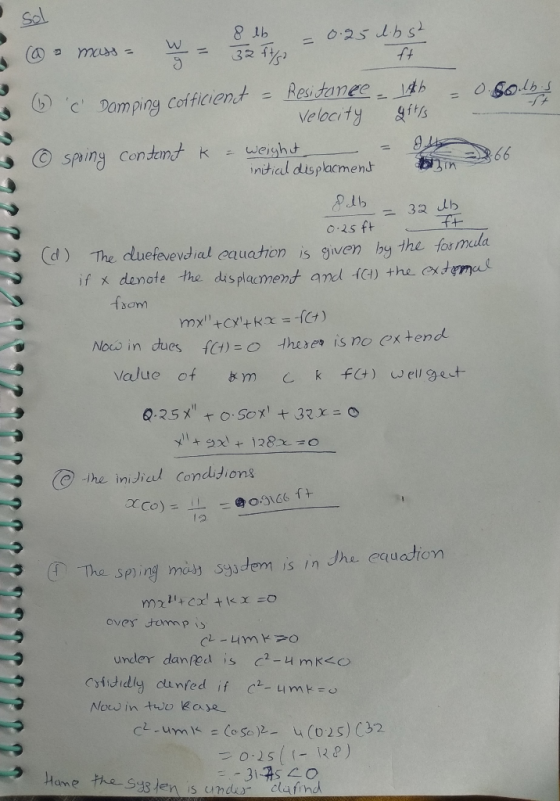 8 tb ft c Domping cofficientResdanee 4h Velocify s b) initial displacmenょ 矿而さす。 o-2s ft -茌 The duefevevdral equation is given