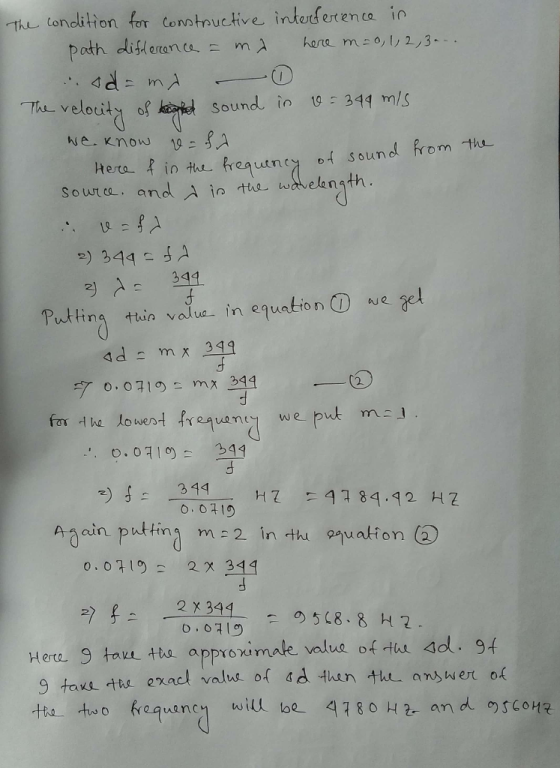 The tondition for Constrnuctive intard ertenco in Here. f in t eun sound from the Sour ce , and A in the-wavelength Putlina t