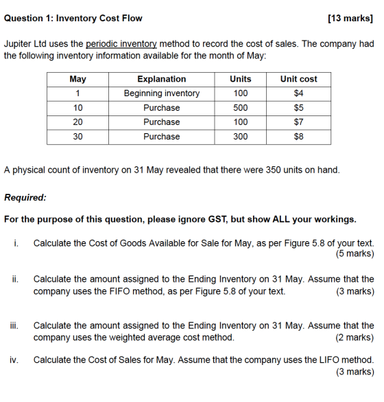 Question 1: Inventory Cost Flow [13 marks] Jupiter Ltd uses the periodic inventory method to record the cost of sales. The co