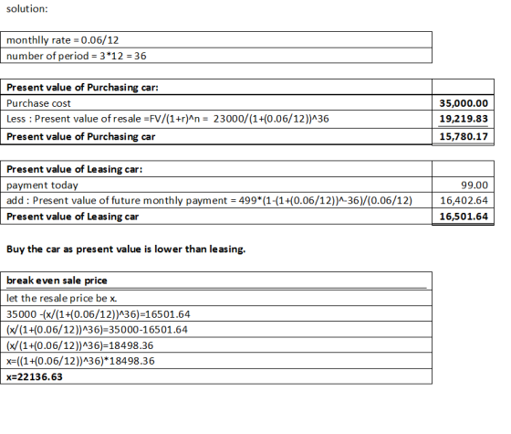 solution: monthlly rate = 0.06/12 number of period 3*12 36 Present value of Purchasing car: Purchase cost 35,000.00 Less Pres