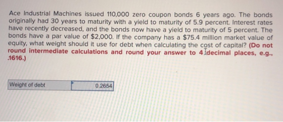 Ace Industrial Machines issued 110,000 zero coupon bonds 6 years ago. The bonds originally had 30 years to maturity with a yi