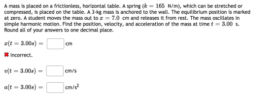 A mass is placed on a frictionless, horizontal table. A spring (k = 165 N/m), which can be stretched or compressed, is placed
