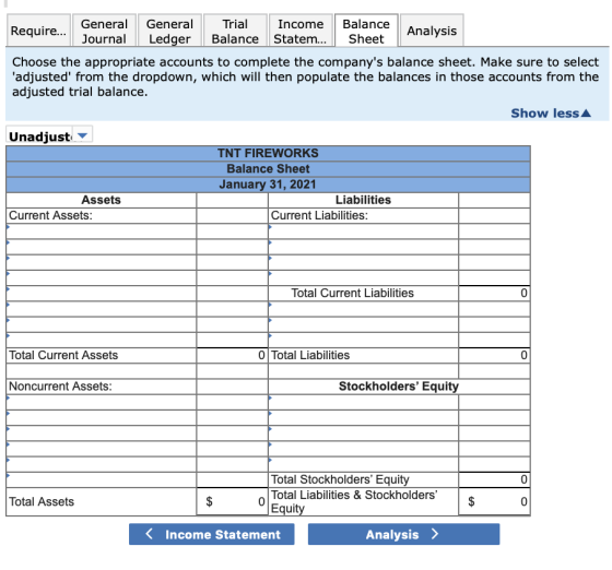 Require. General General Journal | Ledger Trial Balance Income Balance Statem... Sheet Analysis Choose the appropriate accoun