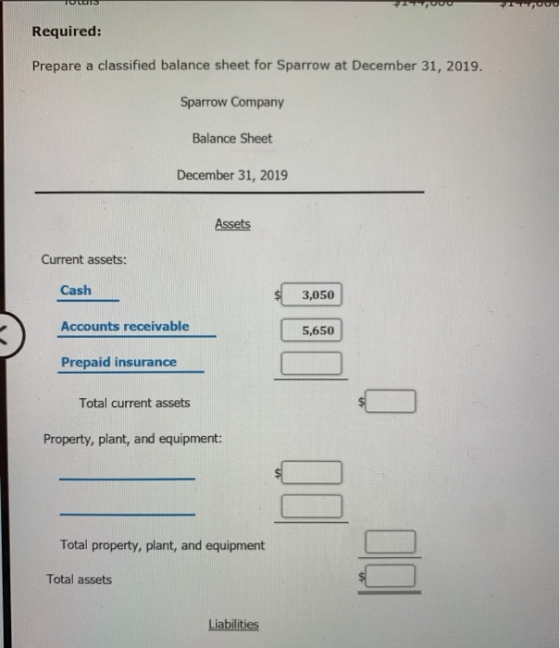 TO Required: Prepare a classified balance sheet for Sparrow at December 31, 2019. Sparrow Company Balance Sheet December 31,