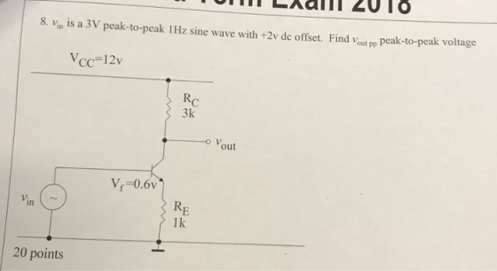 8. vin ?s a 3V peak-to-peak 1 Hz sine wave with +2v dc offset. Find vout pp peak-to-peak voltage Rc 3k o Vout in lk 20 points