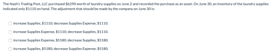 The Nashs Trading Post, LLC purchased $6290 worth of laundry supplies on June 2 and recorded the purchase as an asset. On Ju