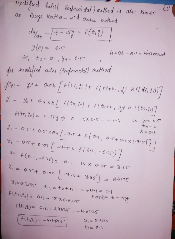 Modified keelel Trapezoi dal ) melleod is aho Kuowon Reuge Katta- and order method 0 h=At=ool indement dy dt = [t- 15y = f(ti