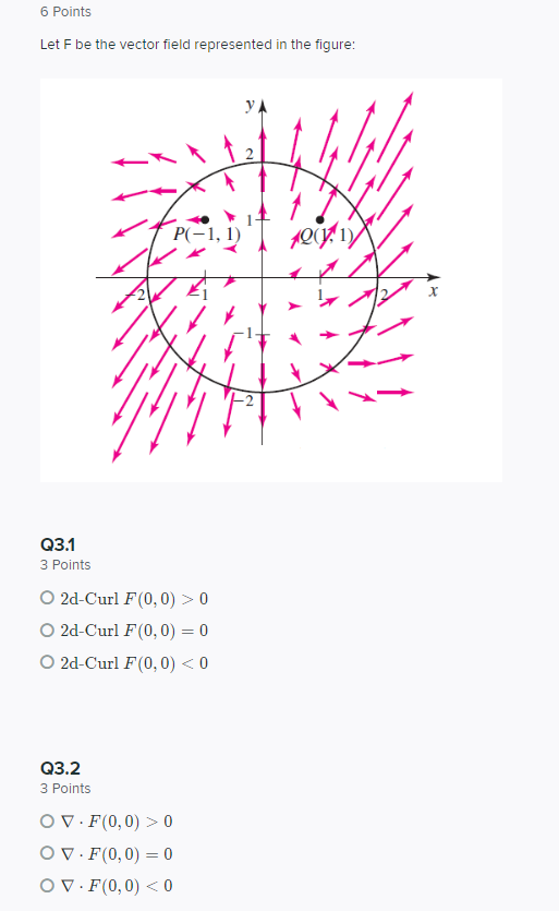 6 Points Let F be the vector field represented in the figure: P(-1,1) 1907/1X X Q3.1 3 Points O2d-Curl F(0,0) > 0 O2d-Curl F(