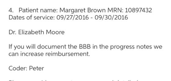 4. Patient name: Margaret Brown MRN: 10897432 Dates of service: 09/27/2016 - 09/30/2016 Dr. Elizabeth Moore If you will docum