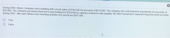 During 2020, Blaine Company sold a building with a book value of S145,000 for proceeds of $175,000. The company also sold lon