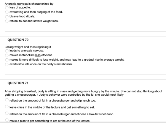 Anorexia nervosa is characterized by loss of appetite. overeating and then purging of the food. bizarre food rituals. refusal