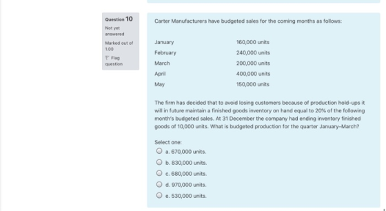Carter Manufacturers have budgeted sales for the coming months as follows: Question 10 Not yet answered Marked out of 100 Jan
